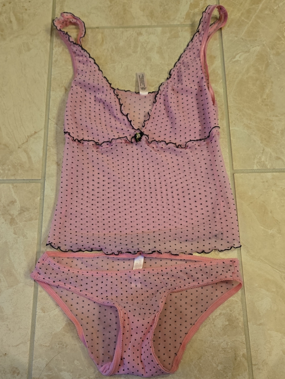 Victoria's Secret Pink Sheer Polka Dot Lace-Trim Tank & Brief Set Playful & Funn